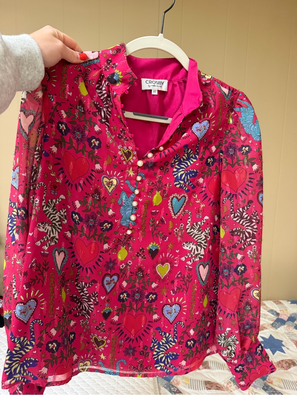 Crosby by Mollie Burch - Hot Pink Heart Print Women’s Blouse Size XS